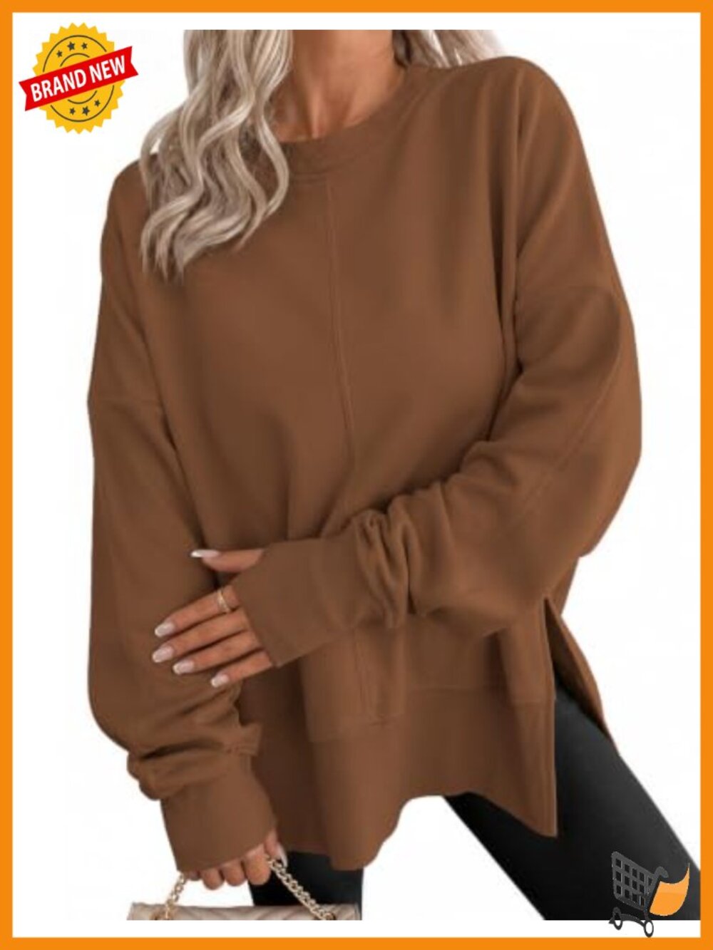 Oversized Crewneck Sweatshirt Thumbhole Side Slit Pullover Long Sleeve